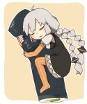  1girl ahoge bangs black_dress braid chibi closed_eyes commentary dress ehoumaki elbow_gloves fingerless_gloves food gloves highres kizuna_akari konohoshi long_hair makizushi object_hug orange_gloves orange_legwear oversized_food puffy_short_sleeves puffy_sleeves shirt short_sleeves sidelocks sleeping solo striped striped_legwear sushi thighhighs twin_braids vertical-striped_legwear vertical_stripes vocaloid voiceroid white_hair white_shirt 