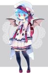  +_+ 1girl :t alternate_costume backpack bag bangs bat_wings black_legwear blue_hair commentary_request doily full_body grey_background hat hat_ribbon highres long_sleeves looking_at_viewer nikorashi-ka pleated_skirt pointy_ears randoseru red_bag red_eyes red_footwear red_ribbon remilia_scarlet ribbon shirt shoes skirt sleeves_past_wrists solo thighhighs touhou white_headwear white_shirt white_skirt wings 