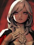  1girl alternate_color alternate_hair_color armor bangs bellhenge byleth_(fire_emblem) byleth_(fire_emblem)_(female) cape cosplay edelgard_von_hresvelg edelgard_von_hresvelg_(cosplay) fire_emblem fire_emblem:_three_houses gloves long_hair long_sleeves looking_at_viewer medium_hair purple_eyes red_cape simple_background solo super_smash_bros. white_hair 