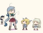  4girls =3 ahoge armpit_cutout black_footwear black_gloves black_hair black_legwear blonde_hair blue_necktie blue_sailor_collar blue_skirt blush boots bow bowtie braid brown_footwear capelet chibi cleavage_cutout closed_eyes closed_mouth clothing_cutout colorado_(kancolle) commentary conte_di_cavour_(kancolle) corset cross-laced_footwear crossed_arms dress eyebrows_visible_through_hair frilled_dress frills full_body garrison_cap gloves grey_dress grey_hair grey_hoodie hair_between_eyes hair_bun halterneck hand_on_hip hat headgear height_difference hood hoodie kantai_collection kiyoshimo_(kancolle) kneehighs lace-up_boots long_hair long_sleeves low_twintails multiple_girls necktie open_mouth pantyhose pleated_dress pleated_skirt purple_dress purple_legwear red_footwear saiguchi_otoufu sailor_collar school_uniform serafuku shirt shoes short_hair short_sleeves silver_hair simple_background single_braid skirt sleeveless smile twintails two_side_up uniform ushio_(kancolle) very_long_hair white_background white_dress white_shirt 