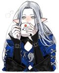  1girl blue_coat coat covered_mouth cup drinking elezen elf final_fantasy final_fantasy_xiv grey_eyes holding holding_cup long_hair long_sleeves looking_down moogle mug pointy_ears signature silver_hair simple_background solo upper_body white_background ysayle_dangoulain yum0811 