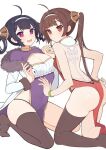  2girls ahoge ass azur_lane back backless_dress backless_outfit bangs black_hair black_legwear blunt_bangs blush bracelet breasts brown_hair china_dress chinese_clothes cleavage cleavage_cutout clothing_cutout coat dress expressionless eyebrows_visible_through_hair fang foot_out_of_frame fur-trimmed_coat fur_trim furrowed_brow groin hair_intakes hair_rings hairband highres jewelry kneeling long_hair looking_at_viewer medium_breasts medium_hair multiple_girls ning_hai_(azur_lane) off_shoulder open_clothes open_coat open_mouth panty_straps pelvic_curtain ping_hai_(azur_lane) purple_dress purple_eyes red_dress red_eyes simple_background single_thighhigh small_breasts smile thighhighs thighs thong twintails white_background white_coat yayako_(804907150) 