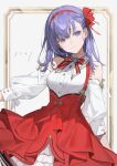  1girl absurdres bangs bare_shoulders breasts chyoel detached_sleeves dress fate/stay_night fate_(series) hair_ribbon highres large_breasts long_hair long_sleeves looking_at_viewer matou_sakura purple_eyes purple_hair red_dress red_ribbon ribbon shirt smile solo white_shirt 