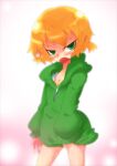  1girl 221_(tsutsuichi) alternate_costume bangs blonde_hair blush commentary_request cowboy_shot fang green_eyes green_hoodie hood hoodie looking_at_viewer mizuhashi_parsee open_mouth pointy_ears shirt short_hair simple_background solo touhou white_background white_shirt 