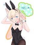  1girl alakoala animal_ears bangs black_bow black_bowtie black_legwear black_leotard blonde_hair blue_eyes blunt_bangs bow bowtie bunny_day bunny_pose commentary_request cowboy_shot detached_collar hair_over_shoulder highres kantai_collection leotard long_hair looking_at_viewer pantyhose playboy_bunny rabbit_ears rabbit_tail shin&#039;you_(kancolle) solo strapless strapless_leotard tail white_background wrist_cuffs 