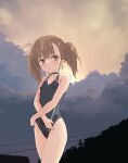  1girl :o bangs black_choker black_swimsuit blunt_bangs breasts brown_eyes brown_hair choker cloud competition_swimsuit earrings eyebrows_visible_through_hair heart heart_earrings highres jewelry looking_at_viewer one-piece_swimsuit original outdoors renga_(yakihebi) short_hair sky small_breasts solo standing sunset swimsuit thighs twintails undressing yakihebi 