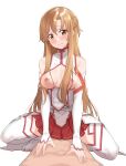  1boy 1girl absurdres asuna_(sao) bangs bare_shoulders blush braid breasts brown_eyes brown_hair commentary_request cowgirl_position detached_sleeves girl_on_top hetero highres implied_sex long_hair looking_at_viewer morisobo nipples open_mouth parted_lips pleated_skirt red_skirt shiny shiny_hair shiny_skin simple_background skirt smile solo_focus squatting straddling sword_art_online teeth thighhighs white_background white_sleeves 