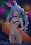  1girl :d absurdres animal_ear_fluff animal_ears arm_strap ass_visible_through_thighs baeg_mi bangs bare_shoulders bikini blue_hair blue_ribbon blush braid breasts carrot_hair_ornament cleavage collarbone commentary cowboy_shot eyebrows_visible_through_hair fireworks food-themed_hair_ornament hair_ornament hand_on_own_stomach highres hololive inflatable_toy layered_bikini looking_at_viewer medium_breasts multicolored_hair navel night night_sky open_mouth outdoors rabbit_ears red_eyes ribbon round_teeth side-tie_bikini sky smile solo stomach strapless strapless_bikini swimsuit teeth thick_eyebrows thigh_gap twin_braids two-tone_hair upper_teeth usada_pekora virtual_youtuber wading water white_bikini white_hair 