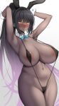  1girl areolae armpits arms_up black_swimsuit blue_archive blush breasts covered_nipples curvy dark-skinned_female dark_skin highres karin_(blue_archive) large_breasts long_hair navel slingshot_swimsuit solo strap_gap swimsuit tanaken yellow_eyes 