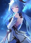  1girl backless_outfit bare_back bare_shoulders black_bodysuit blue_hair bodysuit breasts chinese_knot detached_sleeves eyebrows_visible_through_hair ganyu_(genshin_impact) genshin_impact goat_horns highres horns long_hair looking_at_viewer looking_back medium_breasts nebula nekobaka night night_sky outdoors purple_eyes sky solo star_(sky) starry_sky tassel tears vision_(genshin_impact) 