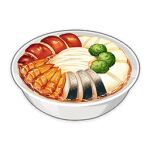  artist_request bowl broccoli come_and_get_it_(genshin_impact) commentary english_commentary fish food food_focus genshin_impact lowres meat mushroom no_humans noodles official_art ramen still_life third-party_source tofu transparent_background 