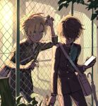  2boys bag bangs black_hair blonde_hair cellphone chain-link_fence closed_mouth closed_umbrella fence gakuran green_eyes hair_between_eyes holding holding_phone long_sleeves looking_at_another male_focus multiple_boys original outdoors pants phone pillow_(nutsfool) red_eyes school_uniform smartphone umbrella 