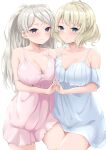  2girls ahoge alternate_costume asymmetrical_docking babydoll bangs blonde_hair blue_babydoll blue_eyes blush breast_press breasts cleavage closed_mouth colorado_(kancolle) conte_di_cavour_(kancolle) highres kantai_collection large_breasts long_hair multiple_girls pink_babydoll purple_eyes short_hair silver_hair simple_background takomeshi white_background 