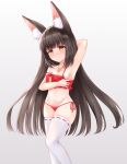  1girl absurdres animal_ears arm_behind_head arm_up armpits azur_lane bangs bare_shoulders black_hair blunt_bangs collarbone commentary_request eyebrows_visible_through_hair fox_ears groin highres koiaya201352 long_hair looking_at_viewer midriff nagato_(azur_lane) nagato_(great_fox&#039;s_respite)_(azur_lane) navel panties red_panties ribbon-trimmed_legwear ribbon_trim side-tie_panties sidelocks simple_background smile solo stomach thighhighs underwear white_legwear yellow_eyes 