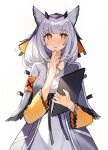  1girl arknights armband blush breasts clipboard coat commentary cowboy_shot dress eyebrows_visible_through_hair feather_trim grey_coat hand_to_own_mouth holding holding_clipboard looking_at_viewer medium_breasts medium_hair nail_polish open_clothes open_coat orange_eyes orange_nails owl_ears parted_lips ptilopsis_(arknights) rhine_lab_logo silver_hair simple_background solo white_background white_dress yayako_(804907150) 