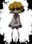  1girl 221_(tsutsuichi) alternate_costume bangs black_footwear blonde_hair commentary_request full_body green_eyes long_sleeves looking_at_viewer mizuhashi_parsee neckerchief open_mouth pointy_ears school_uniform serafuku shirt shoes short_hair socks solo touhou triangle_mouth white_background white_legwear white_shirt yellow_neckerchief 