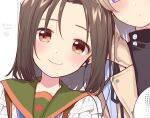  2girls artist_logo bangs blush brown_eyes brown_hair chiba_sadoru close-up closed_mouth dot_nose earbuds earphones face gakkou_gurashi! green_sailor_collar happy head_on_another&#039;s_shoulder high_collar leaning_on_person looking_at_viewer megurigaoka_high_school_uniform multiple_girls naoki_miki official_art older out_of_frame parted_bangs portrait sailor_collar school_uniform shared_earphones shidou_kei short_hair smile solo_focus spoilers star_(symbol) tareme turtleneck twitter_username upper_body white_background 
