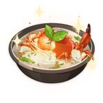  artist_request bowl commentary crab english_commentary flower food food_focus garnish genshin_impact leaf lowres mint no_humans official_art petals soup sparkle still_life third-party_source transparent_background white_flower 
