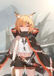  1girl absurdres animal_ears arknights arm_wrap arrow_(projectile) black_cloak black_gloves black_scarf black_shorts bow_(weapon) chinese_commentary cloak commentary_request cowboy_shot crop_top fang_necklace fox_ears fox_tail gloves hair_ornament hairclip highres holding holding_bow_(weapon) holding_weapon hood hood_down hooded_cloak looking_at_viewer midriff notched_ear orange_eyes orange_hair originium_(arknights) outdoors prosthesis prosthetic_arm quiver scarf shenhai_xianyu_fan shirt short_hair shorts single_glove solo standing straight-on tail vermeil_(arknights) weapon white_shirt 