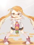  1girl angry bad_id bad_pixiv_id bangs black_shorts full_body holding holding_water_gun ika_esu ink ink_on_face inkling long_hair looking_at_viewer open_mouth orange_eyes pointy_ears red_footwear shiny shiny_hair shirt shoes short_sleeves shorts simple_background solo splatoon_(series) splatoon_1 standing water_gun white_background white_shirt 