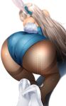 1girl all_fours animal_ears ass ass_focus asuna_(blue_archive) bent_over black_legwear blue_archive blue_leotard from_behind fumihiko_(fu_mihi_ko) grey_hair high_heels highres leaning_forward leotard pantyhose playboy_bunny plump rabbit_ears rabbit_tail solo tail thick_thighs thighband_pantyhose thighs 
