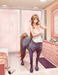  1girl absurdres after_bathing animal_ears breasts brown_hair centaur cleavage commentary commission english_commentary faucet green_eyes hair_dryer hand_print highres horse_ears huge_breasts indoors long_hair looking_at_viewer materclaws monster_girl naked_towel original parted_lips solo steam taur towel 