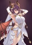  1girl armpits arms_up bangs bare_shoulders blush breasts closed_mouth commentary_request detached_sleeves dragon_girl dragon_tail dragon_wings dress granblue_fantasy grea_(shingeki_no_bahamut) highres large_breasts long_sleeves minarai pointy_ears purple_background purple_hair red_eyes short_hair sideboob solo standing tail thighs white_dress wings 