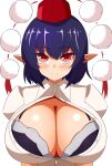  1girl black_hair bra breasts cleavage collared_shirt hat highres large_breasts lingerie pointy_ears pom_pom_(clothes) red_eyes shameimaru_aya shirt short_hair simple_background solo tokin_hat touhou underwear white_background white_shirt xialu_zajin 