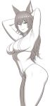  1girl absurdres animal_ears armpits arms_behind_head bikini breasts brown_theme closed_mouth commentary english_commentary erune granblue_fantasy hair_between_eyes highres ilsa_(granblue_fantasy) large_breasts long_hair looking_at_viewer lvl_(sentrythe2310) monochrome navel presenting_armpit sideboob simple_background smile solo standing swimsuit white_background 