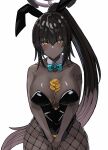  1girl animal_ears armpits bangs bare_shoulders black_hair black_leotard blue_archive blue_bow bow breasts cleavage closed_mouth coin commentary_request cowboy_shot dark-skinned_female dark_skin detached_collar earrings fishnet_legwear fishnets gloves high_ponytail highres jewelry karin_(blue_archive) large_breasts leotard long_hair looking_at_viewer number_tattoo playboy_bunny rabbit_ears shoulder_tattoo sidelocks tattoo the_olphy very_long_hair white_background white_gloves wrist_cuffs yellow_eyes 