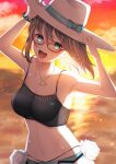  1girl absurdres bangs bare_shoulders beach bikini black_bikini blue_bikini braid breasts brown_hair charlotte_corday_(fate) charlotte_corday_(swimsuit_caster)_(fate) cleavage collarbone fate/grand_order fate_(series) flower funa_(funafuna_001) glasses gradient_sky green_eyes hat highres jewelry large_breasts looking_at_viewer mismatched_bikini navel necklace ocean open_mouth orange_sky pendant short_hair side_braid sky smile solo sun_hat sunset swimsuit twilight white_headwear 