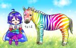  1girl ahoge blue_hair blush bow buttons cape closed_eyes cloud collar commentary double_v eyebrows_visible_through_hair footwear_bow hairband multicolored_clothes multicolored_hairband open_mouth patchwork_clothes pink_bow pote_(ptkan) pun purple_footwear rainbow_gradient rainbow_order red_button short_hair sky sky_print standing standing_on_one_leg symbol-only_commentary tenkyuu_chimata touhou two-sided_cape two-sided_fabric v white_cape zebra 