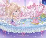  1girl bed blonde_hair bow box bracelet braid cake christmas covering_mouth fantasy food frills gift gift_box green_eyes hand_on_another&#039;s_head heart heart_hair heart_print highres indoors jewelry juliet_sleeves kousagi long_sleeves lying macaron original out_of_frame phone pink_bow pink_nails pink_ribbon princess puffy_long_sleeves puffy_sleeves ribbon ring snowflakes tree under_covers window winter yellow_ribbon 