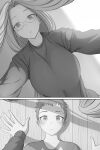  1boy 1girl all_fours blush breasts child closed_mouth commentary emiya_shirou english_commentary eyebrows_visible_through_hair fate/stay_night fate_(series) female_pov girl_on_top glasses greyscale hetero highres imminent_kiss large_breasts long_hair looking_at_viewer lvl_(sentrythe2310) medusa_(fate) medusa_(rider)_(fate) monochrome parted_lips pov raglan_sleeves sweater 