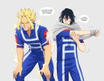  2boys age_regression black_hair blonde_hair blue_eyes blue_pants blue_shirt boku_no_hero_academia energy english_text eraser_head_(boku_no_hero_academia) grey_background grey_scarf grin hair_between_eyes hands_on_own_knees highres leaning_forward male_focus multicolored_pants multicolored_shirt multiple_boys pants parted_lips red_shirt scarf shirt sidelocks simple_background smile speech_bubble sportswear teeth trevo_(trevoshere) u.a._gym_uniform white_pants white_shirt yagi_toshinori younger 