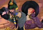  1girl all_fours animal_ears animal_hands anubis_(monster_girl_encyclopedia) blush body_fur claws dark-skinned_female dark_green_hair dark_skin egyptian_clothes fang gold hair_ornament highres jackal_ears long_hair monster_girl monster_girl_encyclopedia open_mouth red_eyes snake_hair_ornament solo sweat tail tyomoti usekh_collar 