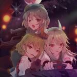  3girls alaneo bangs closed_mouth ex-keine eyebrows_visible_through_hair green_eyes gun hair_between_eyes highres horns kamishirasawa_keine kazami_yuuka long_hair looking_at_viewer moon multiple_girls one_eye_closed open_mouth red_eyes short_hair sitting smile touhou weapon yamashiro_takane 