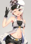  1girl ;d akishimo_(kancolle) arknights armband armpits asymmetrical_bangs asymmetrical_hair bangs bare_shoulders belt black_bandeau black_gloves black_shorts breasts brown_hair cabbie_hat checkered checkered_headwear cliffheart_(arknights) cliffheart_(arknights)_(cosplay) cloud collarbone commentary_request cosplay cowboy_shot gloves gradient_hair grey_background grey_eyes groin hand_up hat highres kantai_collection looking_at_viewer midriff multicolored_hair navel one_eye_closed open_mouth short_hair short_hair_with_long_locks short_shorts shorts sidelocks silver_hair simple_background sleeveless_duster small_breasts smile solo standing strapless tube_top underbust white_belt white_headwear yasume_yukito 