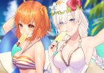  2girls anastasia_(fate) anastasia_(swimsuit_archer)_(fate) beach blush braid breasts brilliant_summer cloud commentary_request eyelashes fate/grand_order fate_(series) flower food fujimaru_ritsuka_(female) grin hair_flower hair_ornament hair_scrunchie hibiscus highres innertube kuzuta0807 medium_breasts multiple_girls ocean one_side_up orange_eyes orange_hair orange_scrunchie outdoors palm_leaf palm_tree popsicle scrunchie side_ponytail smile striped striped_swimsuit swimsuit tree twin_braids white_hair white_swimsuit yellow_scrunchie 