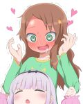  2girls bangs black_hairband blunt_bangs blush brown_hair bubukka closed_eyes drooling eyebrows_visible_through_hair flower full-face_blush green_eyes green_shirt hair_flower hair_ornament hairband heart heart-shaped_pupils kanna_kamui kobayashi-san_chi_no_maidragon long_hair long_sleeves multiple_girls open_mouth purple_hair saikawa_riko saliva shirt simple_background symbol-shaped_pupils white_background yuri 