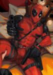 1boy aiming_at_viewer bara bodysuit bulge commentary_request covered_abs deadpool doufujintianxianle dual_wielding feet_out_of_frame gun harness holding holding_gun holding_weapon katana large_pectorals looking_at_viewer male_focus marvel mask muscular muscular_male pectorals pov red_bodysuit sitting solo_focus spread_legs stuffed_animal stuffed_toy sword sword_behind_back teddy_bear thick_thighs thighs weapon 