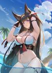  1girl absurdres amagi_(azur_lane) amagi_(wending_waters_serene_lotus)_(azur_lane) animal_ears armpits azur_lane bare_shoulders bird blue_sky blush breasts brown_hair cleavage closed_mouth cloud collarbone eyebrows_visible_through_hair feet_out_of_frame from_below hands_in_hair highres large_breasts long_hair looking_at_viewer navel official_alternate_costume on_water purple_eyes sky solo standing swimsuit thighs water wet white_swimsuit yun_(user367624) 