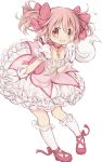  1girl :d absurdres bow bubble_skirt eyebrows_visible_through_hair eyes_visible_through_hair full_body gloves highres hitode kaname_madoka kyubey looking_at_viewer magia_record:_mahou_shoujo_madoka_magica_gaiden magical_girl mahou_shoujo_madoka_magica open_mouth outstretched_arms pink_eyes pink_hair short_hair short_twintails skirt small_kyubey smile solo twintails white_gloves white_legwear 