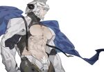  1boy abs bara bare_pectorals blue_cape cape character_request codpiece commentary_request copyright_request cropped_shirt cross_print crotch_plate feet_out_of_frame from_side helmet highres huan_shi_tian_tong large_pectorals looking_to_the_side male_focus male_pubic_hair mature_male muscular muscular_male navel navel_hair no_nipples pectorals pubic_hair pubic_hair_peek revealing_clothes scar scar_on_cheek scar_on_face short_hair sideburns solo stomach undone_necktie white_background white_hair wind 