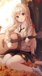  1girl absurdres acoustic_guitar autumn autumn_leaves blonde_hair brown_eyes brown_sweater cellphone collared_shirt commentary_request earphones_removed eunyoo eyebrows_visible_through_hair guitar hair_between_eyes head_tilt highres holding holding_instrument instrument iphone leaf long_hair long_sleeves looking_at_viewer maple_leaf mole mole_under_eye music open_mouth original outdoors phone playing_instrument school_uniform shadow shirt shoes sitting smartphone solo star_(symbol) star_print sweater uniform wind 