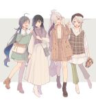  4girls ahoge akishimo_(kancolle) alternate_costume asashimo_(kancolle) asymmetrical_hair bag black_hair black_headwear boots brown_eyes brown_footwear casual closed_eyes colis full_body grey_eyes grey_hair hair_over_one_eye hat hayashimo_(kancolle) high_heel_boots high_heels kantai_collection kiyoshimo_(kancolle) long_hair long_sleeves low_twintails multiple_girls open_mouth shoes shoulder_bag silver_hair smile twintails twitter_username white_footwear 