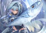 1girl blue_hair brown_eyes eula_(genshin_impact) fish frozen genshin_impact hair_ornament hairband highres looking_at_viewer luxurious_sea-lord mon-chan salmon skin_tight solo thighs weapon yellow_eyes 