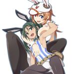  2girls animal_ears armpits bare_shoulders black_legwear blue_eyes blush breasts brown_hair cameltoe cat_hair_ornament charlotte_e._yeager commentary_request eyebrows_visible_through_hair fake_animal_ears fang francesca_lucchini green_eyes green_hair hair_ornament large_breasts leotard long_hair looking_at_viewer multiple_girls nanashino open_mouth pantyhose rabbit_ears shiny shiny_skin simple_background small_breasts smile strike_witches white_background white_leotard world_witches_series yuri 