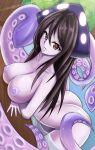  1girl areolae ass bangs black_hair breasts closed_mouth colored_skin completely_nude hair_between_eyes highres kraken_(monster_girl_encyclopedia) large_breasts long_hair monster_girl monster_girl_encyclopedia neronym nipples nude original partially_submerged purple_skin ringed_eyes scylla solo suction_cups tentacles 