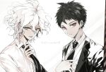  2boys ahoge bangs black_necktie brown_eyes brown_hair collared_shirt danganronpa_(series) danganronpa_3_(anime) formal from_side green_eyes grey_background hair_between_eyes hinata_hajime komaeda_nagito long_sleeves looking_at_viewer lower_teeth male_focus medium_hair messy_hair multiple_boys necktie necktie_grab neckwear_grab open_mouth parted_lips shiny shiny_clothes shirt short_hair smile suou teeth translation_request upper_body white_background white_shirt yaoi 